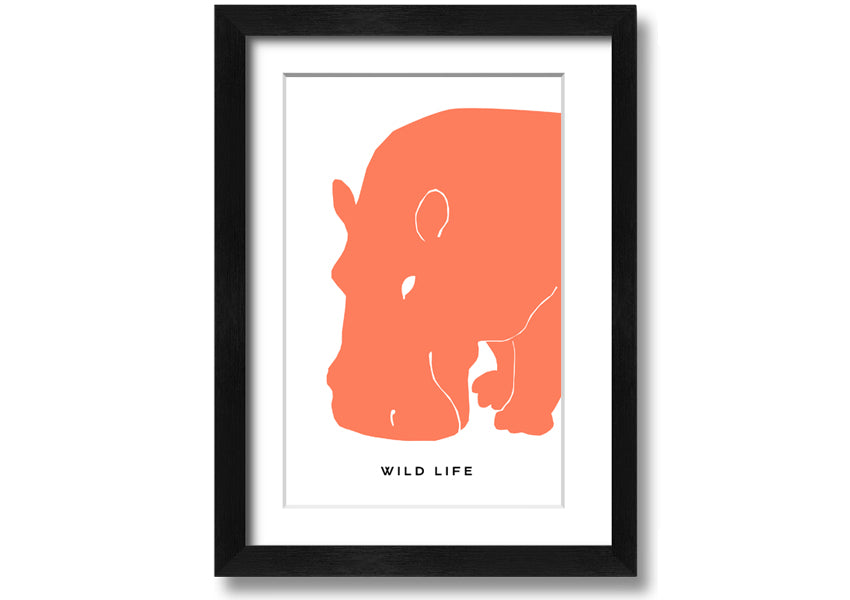 A vibrant orange hippo framed print, showcasing a playful design, ready to hang.