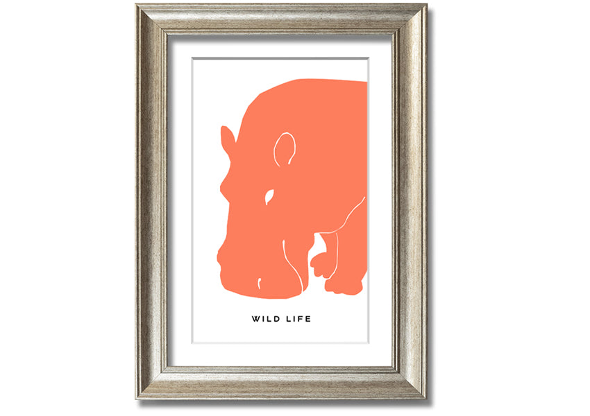 A vibrant orange hippo framed print, showcasing a playful design, ready to hang.