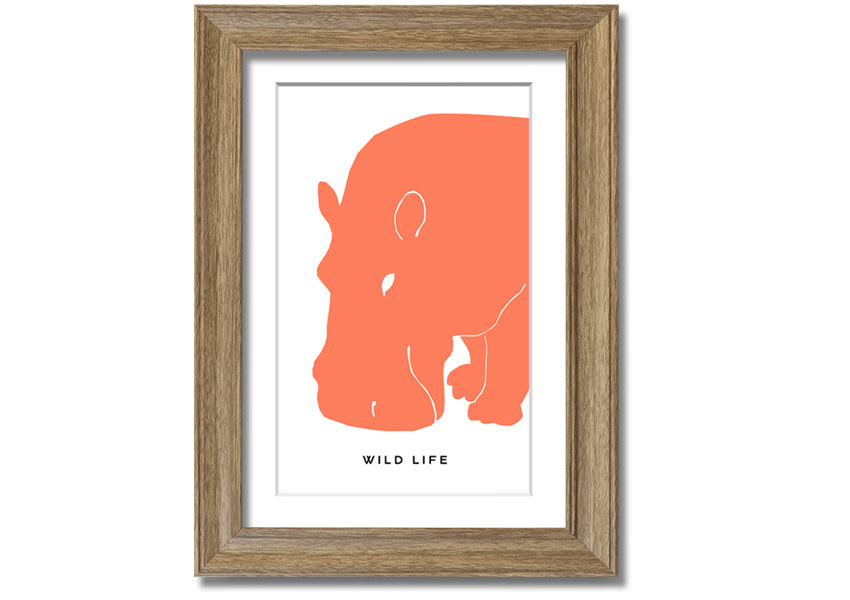 A vibrant orange hippo framed print, showcasing a playful design, ready to hang.