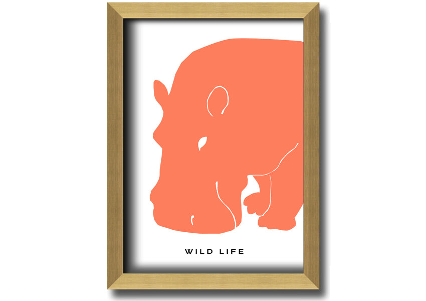 A vibrant orange hippo framed print, showcasing a playful design, ready to hang.