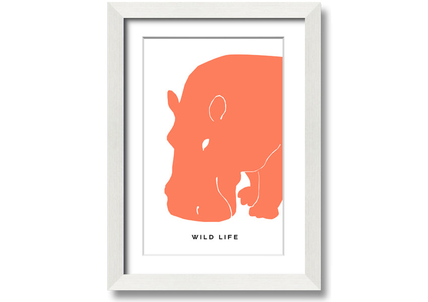 A vibrant orange hippo framed print, showcasing a playful design, ready to hang.