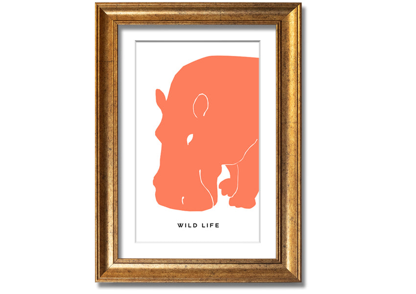 A vibrant orange hippo framed print, showcasing a playful design, ready to hang.