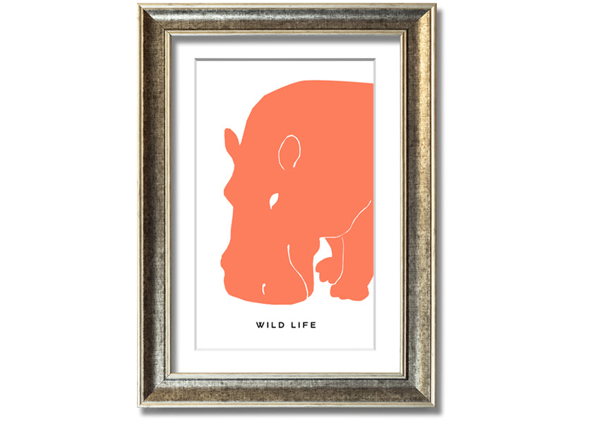 A vibrant orange hippo framed print, showcasing a playful design, ready to hang.