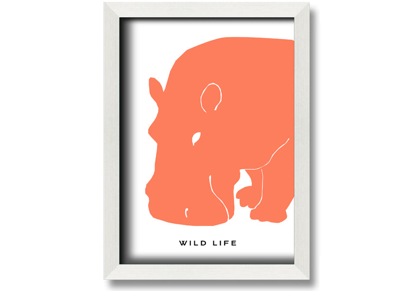 A vibrant orange hippo framed print, showcasing a playful design, ready to hang.