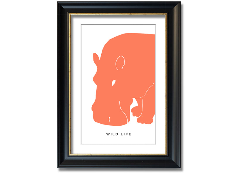 A vibrant orange hippo framed print, showcasing a playful design, ready to hang.