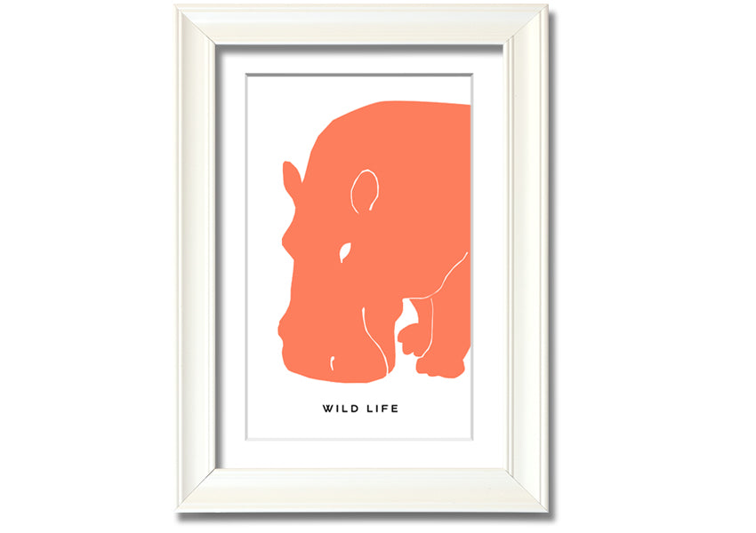 A vibrant orange hippo framed print, showcasing a playful design, ready to hang.