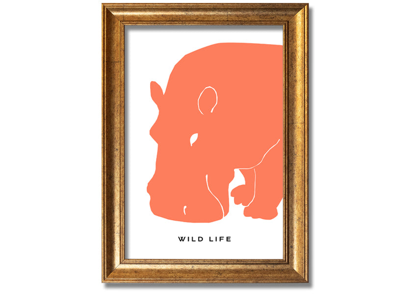 A vibrant orange hippo framed print, showcasing a playful design, ready to hang.