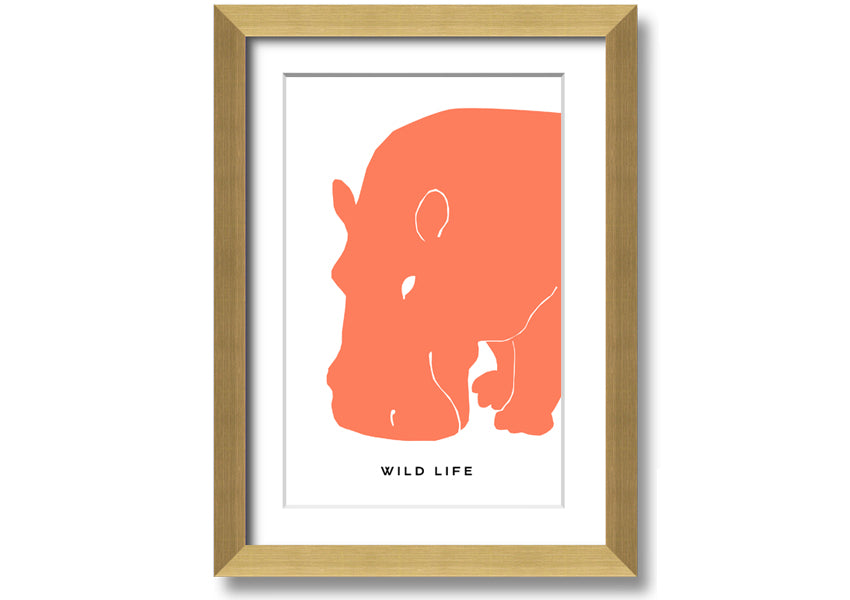 A vibrant orange hippo framed print, showcasing a playful design, ready to hang.