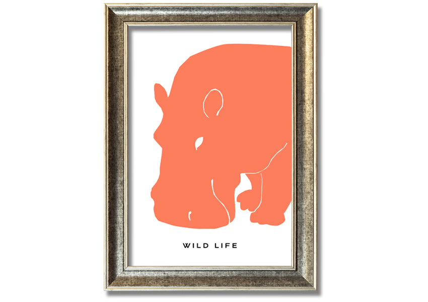 A vibrant orange hippo framed print, showcasing a playful design, ready to hang.