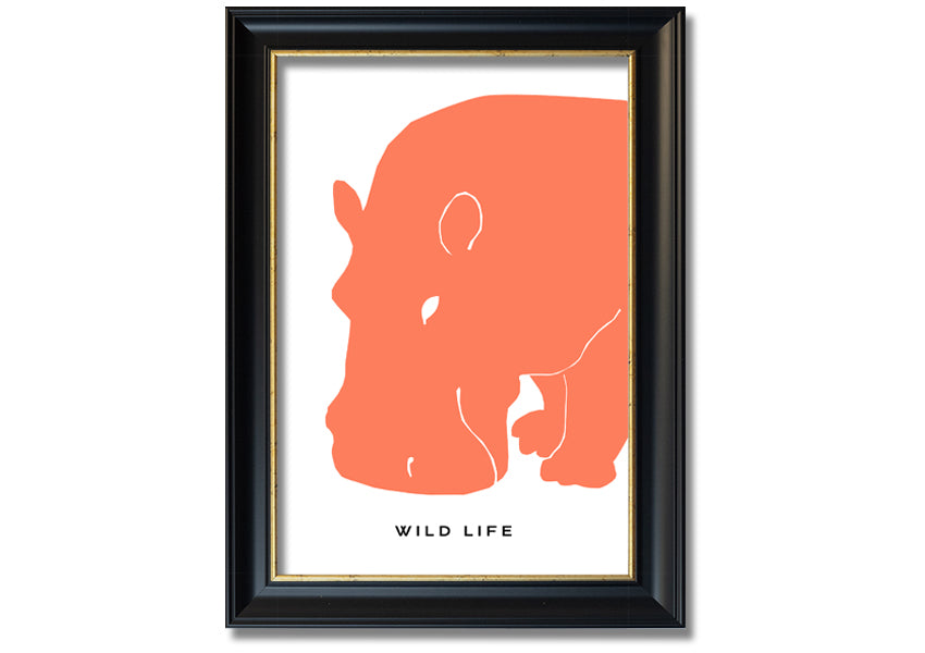 A vibrant orange hippo framed print, showcasing a playful design, ready to hang.