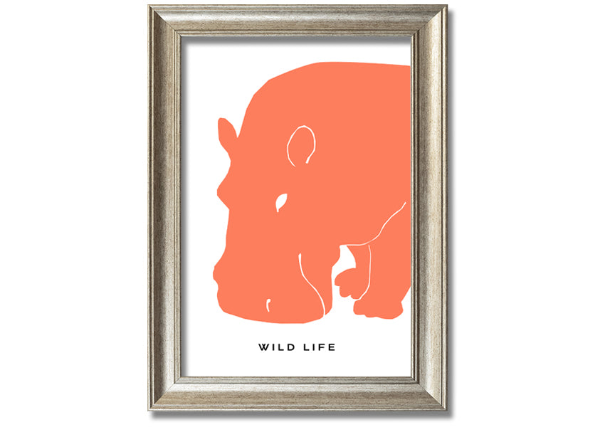 A vibrant orange hippo framed print, showcasing a playful design, ready to hang.