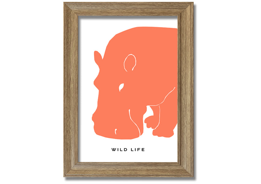 A vibrant orange hippo framed print, showcasing a playful design, ready to hang.