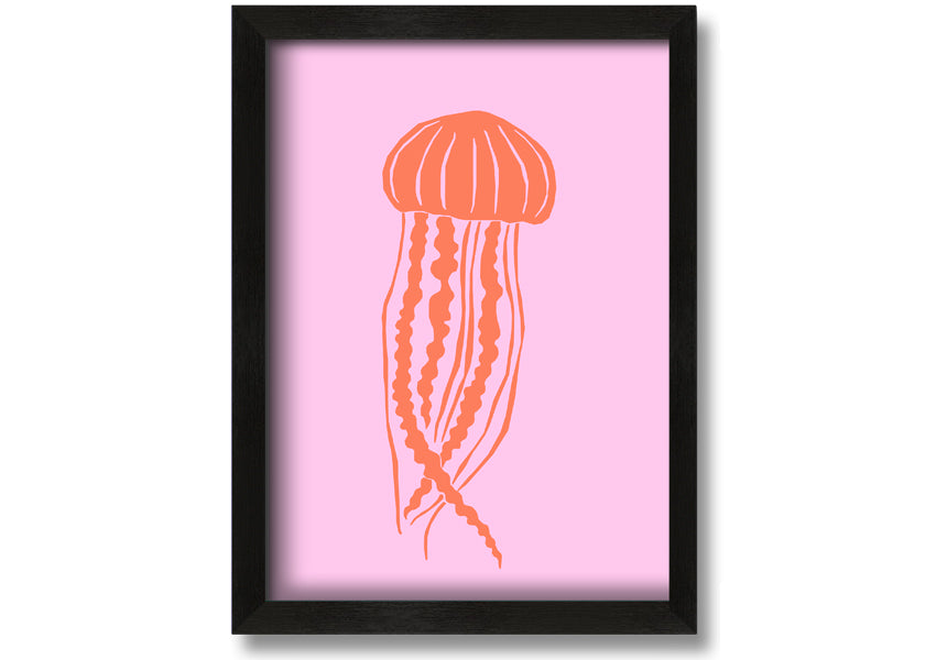 Framed print of an orange jellyfish on a pink background, showcasing vibrant colors and intricate details.