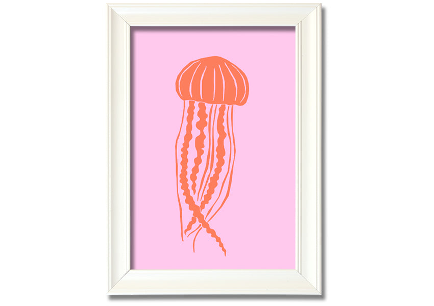 Framed print of an orange jellyfish on a pink background, showcasing vibrant colors and intricate details.