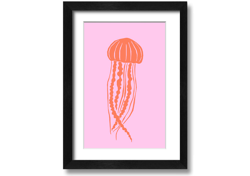 Framed print of an orange jellyfish on a pink background, showcasing vibrant colors and intricate details.