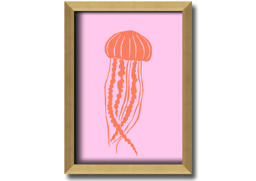 Framed print of an orange jellyfish on a pink background, showcasing vibrant colors and intricate details.