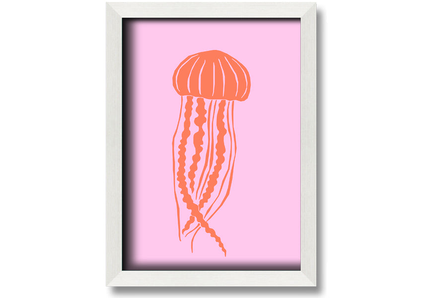 Framed print of an orange jellyfish on a pink background, showcasing vibrant colors and intricate details.