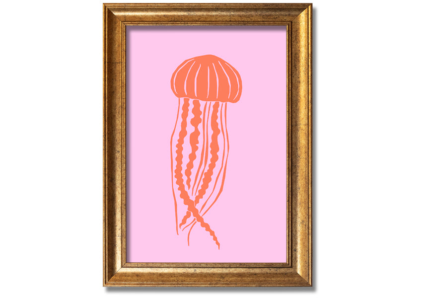 Framed print of an orange jellyfish on a pink background, showcasing vibrant colors and intricate details.