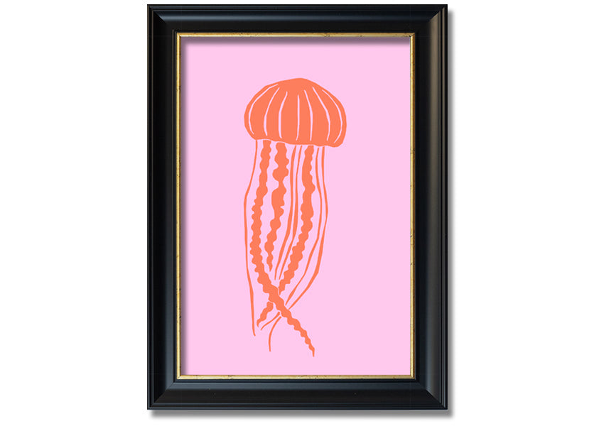 Framed print of an orange jellyfish on a pink background, showcasing vibrant colors and intricate details.