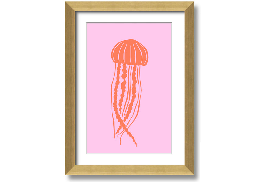 Framed print of an orange jellyfish on a pink background, showcasing vibrant colors and intricate details.