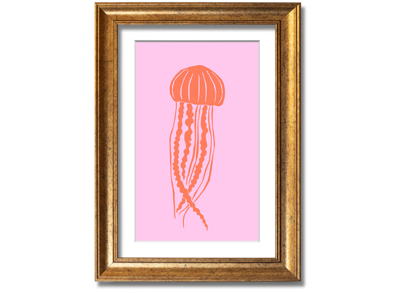 Framed print of an orange jellyfish on a pink background, showcasing vibrant colors and intricate details.