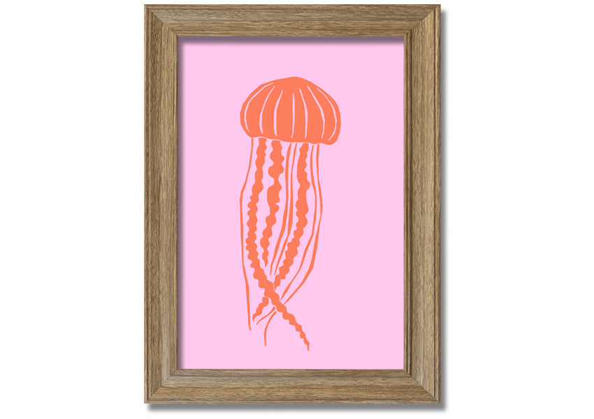 Framed print of an orange jellyfish on a pink background, showcasing vibrant colors and intricate details.