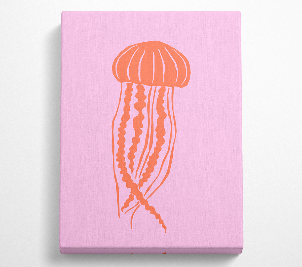 A vibrant orange jellyfish floating against a soft pink background, printed on coated polyester canvas and mounted on a box frame.