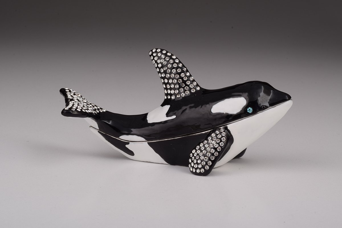 Handcrafted Orca Whale trinket box with Austrian crystals and gold plating, showcasing intricate enamel work.