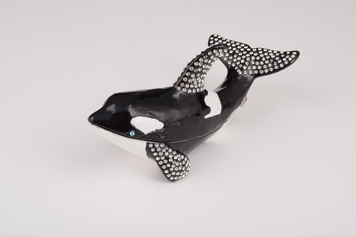 Handcrafted Orca Whale trinket box with Austrian crystals and gold plating, showcasing intricate enamel work.