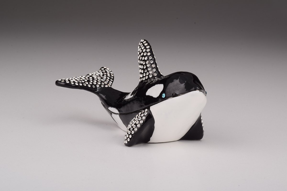 Handcrafted Orca Whale trinket box with Austrian crystals and gold plating, showcasing intricate enamel work.