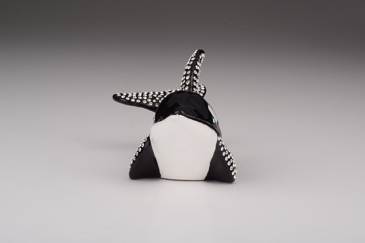 Handcrafted Orca Whale trinket box with Austrian crystals and gold plating, showcasing intricate enamel work.