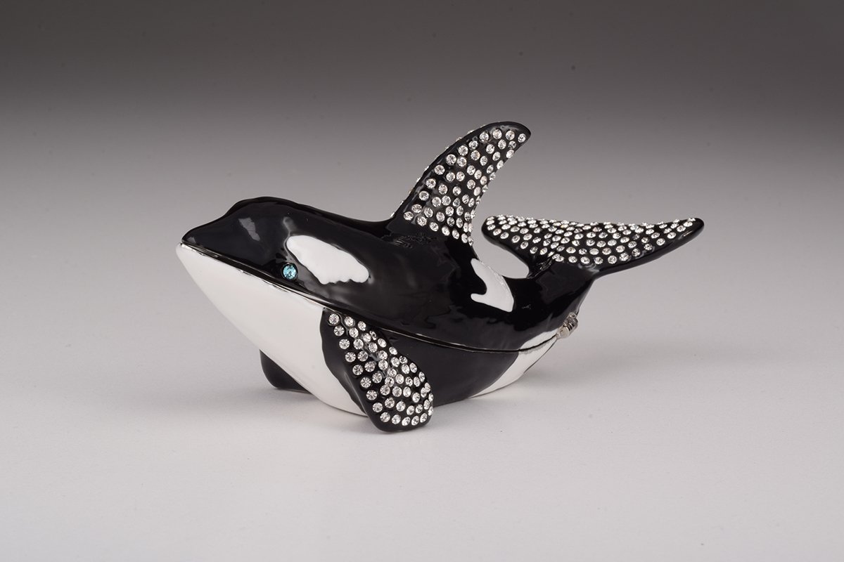 Handcrafted Orca Whale trinket box with Austrian crystals and gold plating, showcasing intricate enamel work.