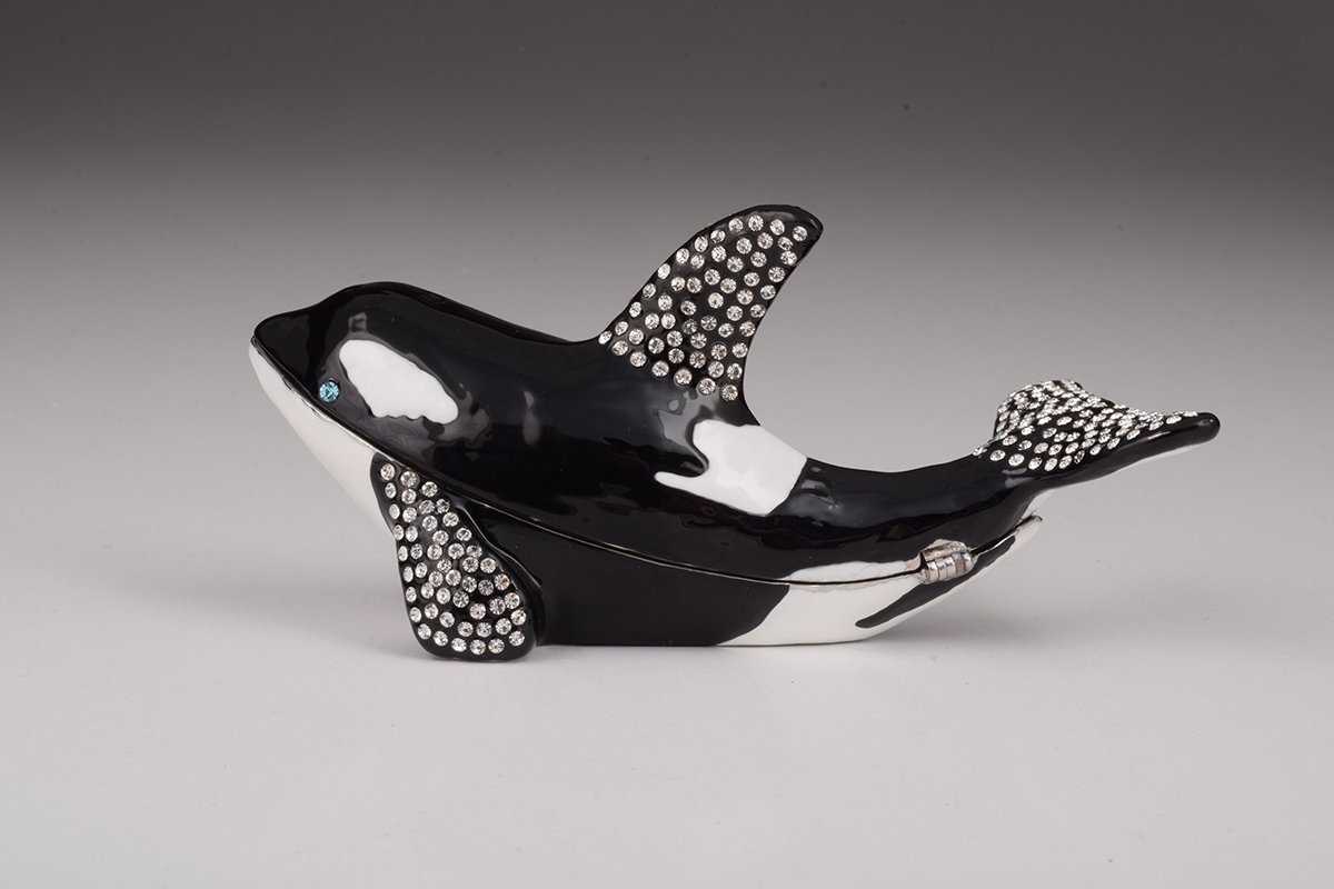 Handcrafted Orca Whale trinket box with Austrian crystals and gold plating, showcasing intricate enamel work.