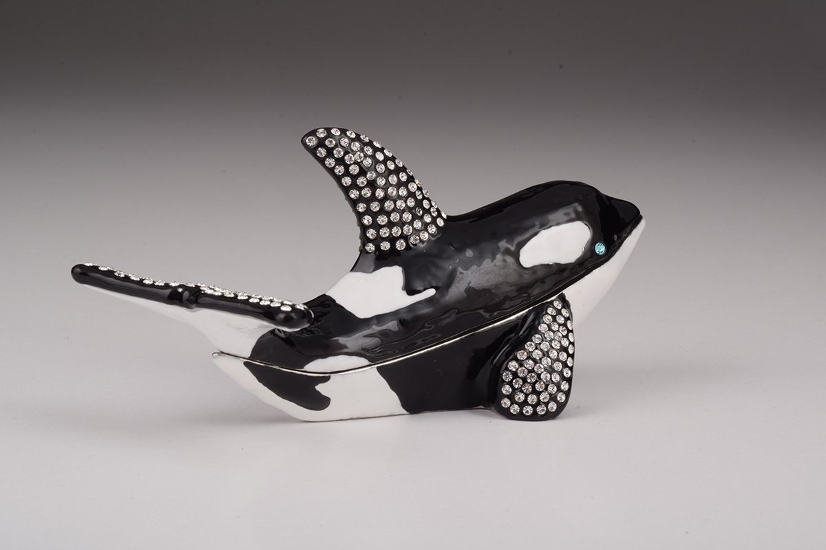 Handcrafted Orca Whale trinket box with Austrian crystals and gold plating, showcasing intricate enamel work.