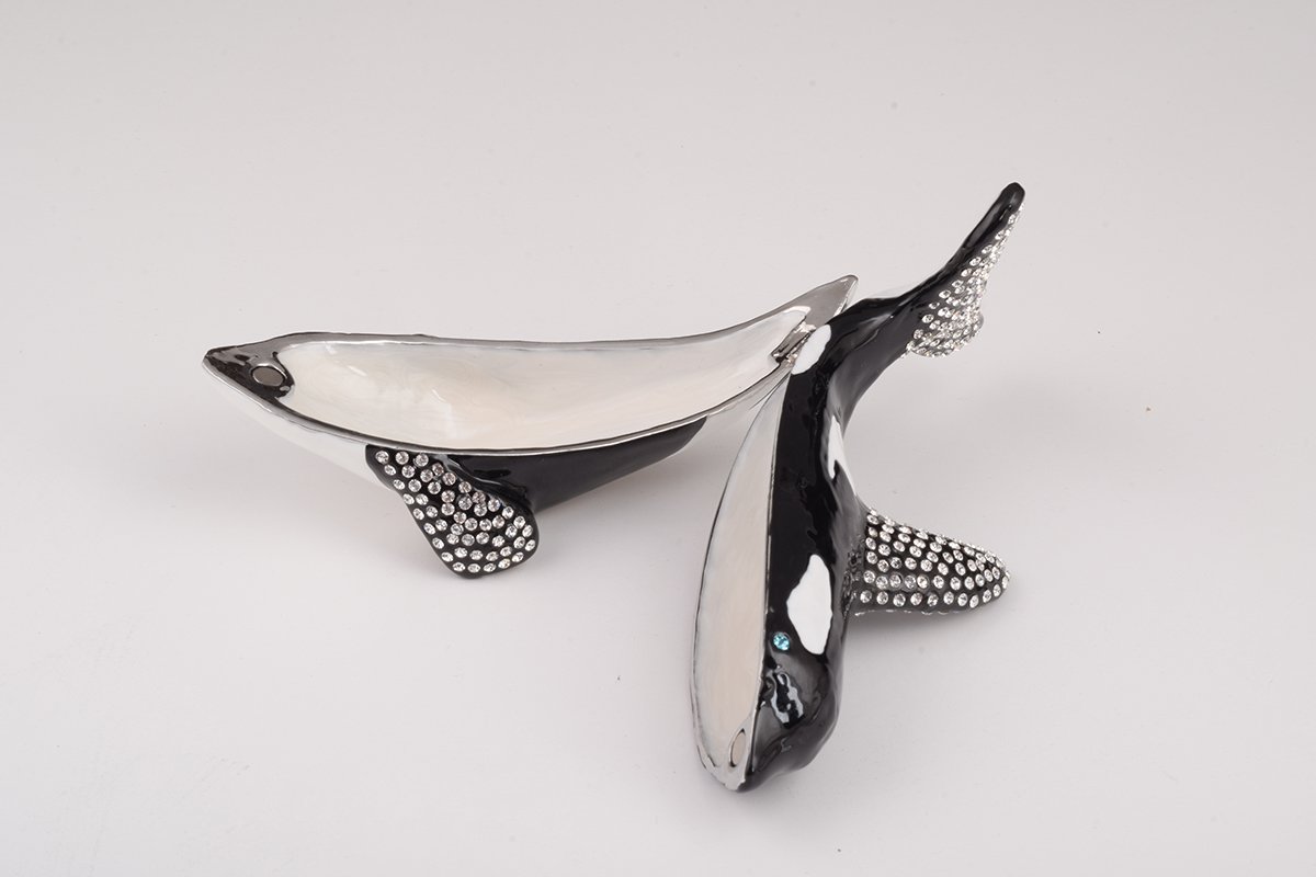 Handcrafted Orca Whale trinket box with Austrian crystals and gold plating, showcasing intricate enamel work.