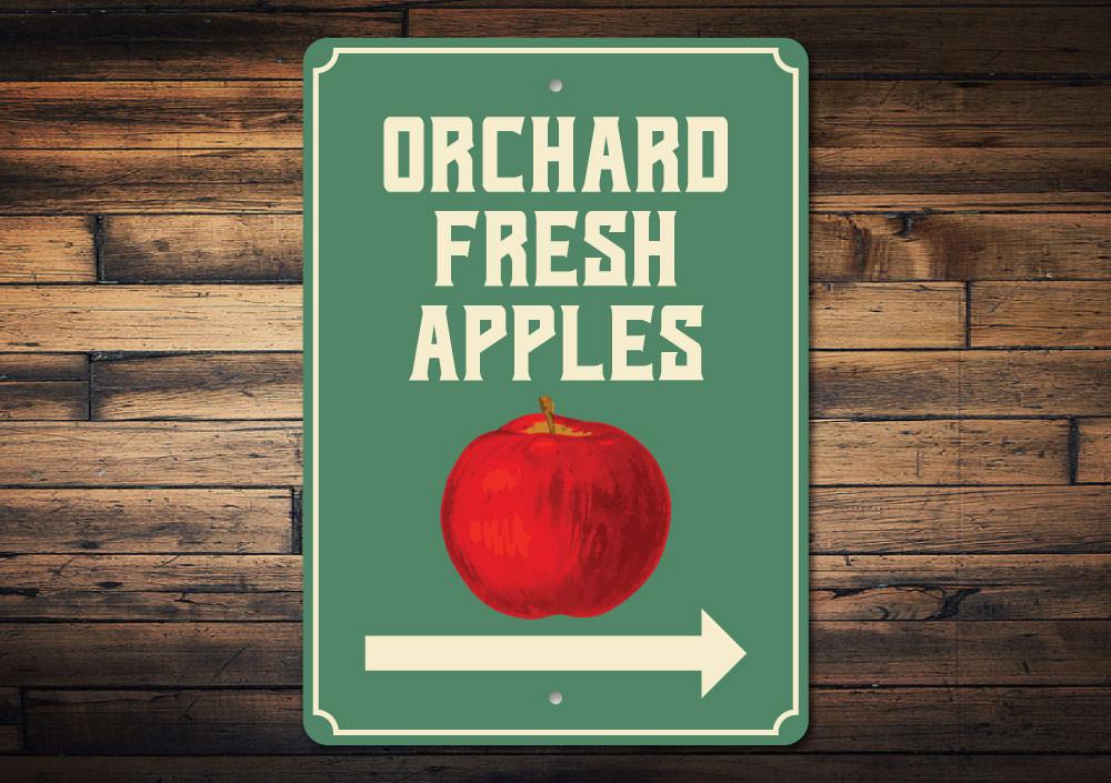 Orchard Fresh Apples Sign made of high-quality aluminum, featuring vibrant colors and a rustic design, perfect for business or home decor.