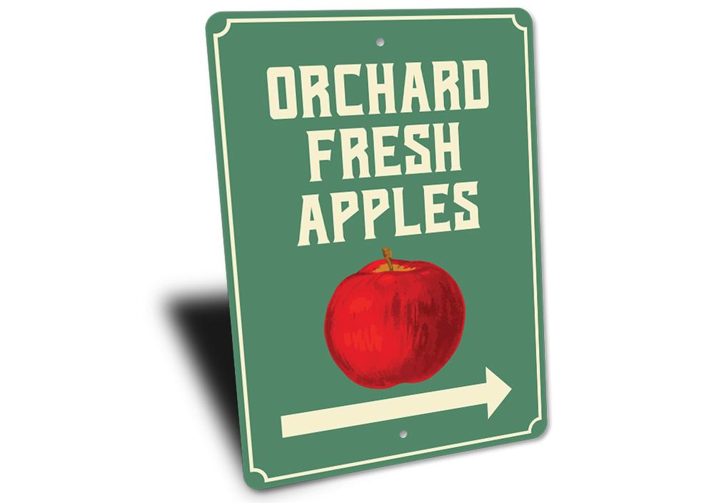 Orchard Fresh Apples Sign made of high-quality aluminum, featuring vibrant colors and a rustic design, perfect for business or home decor.