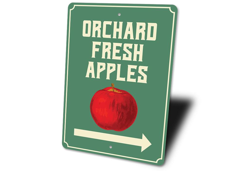 Orchard Fresh Apples Sign made of high-quality aluminum, featuring vibrant colors and a rustic design, perfect for business or home decor.