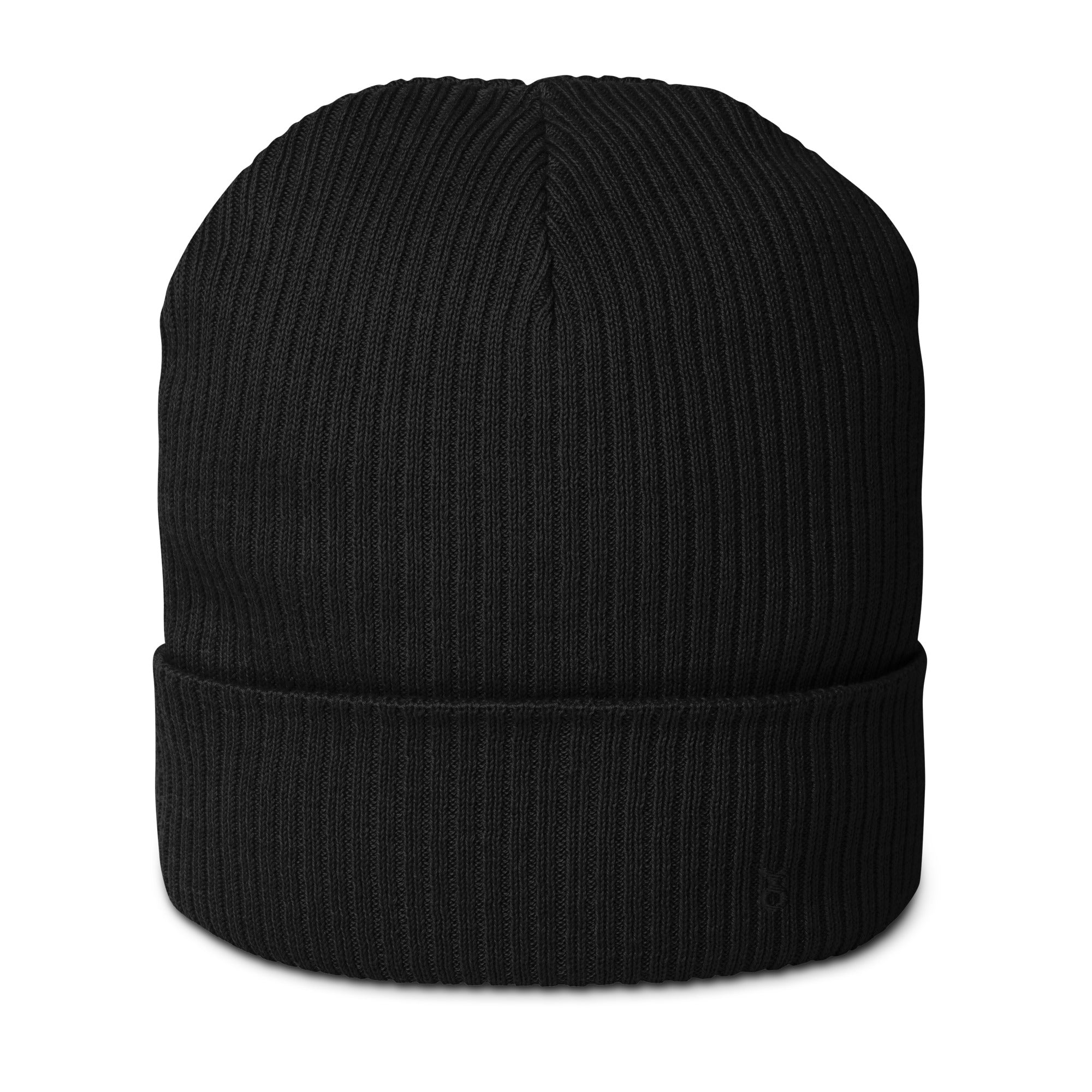 Organic cotton ribbed beanie in black with PepMelon logo, showcasing a stylish cuffed design.