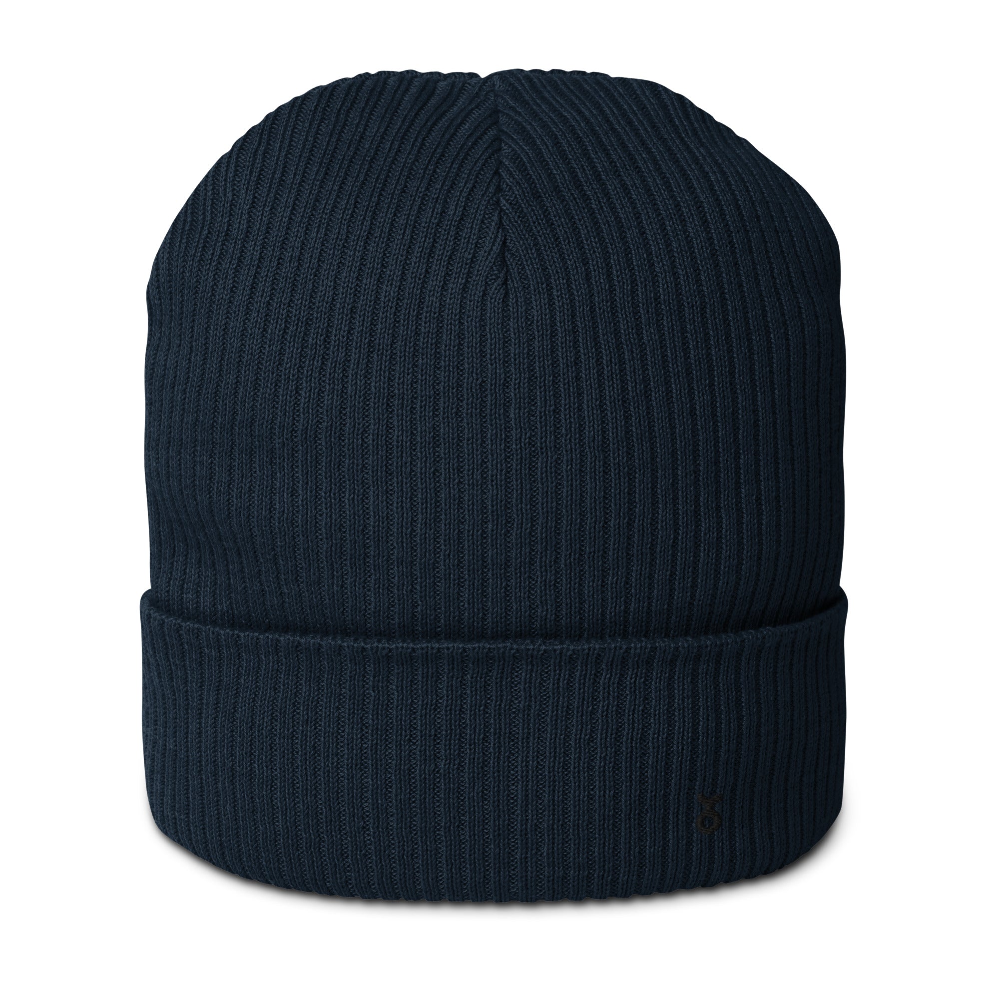 Organic cotton ribbed beanie in black with PepMelon logo, showcasing a stylish cuffed design.