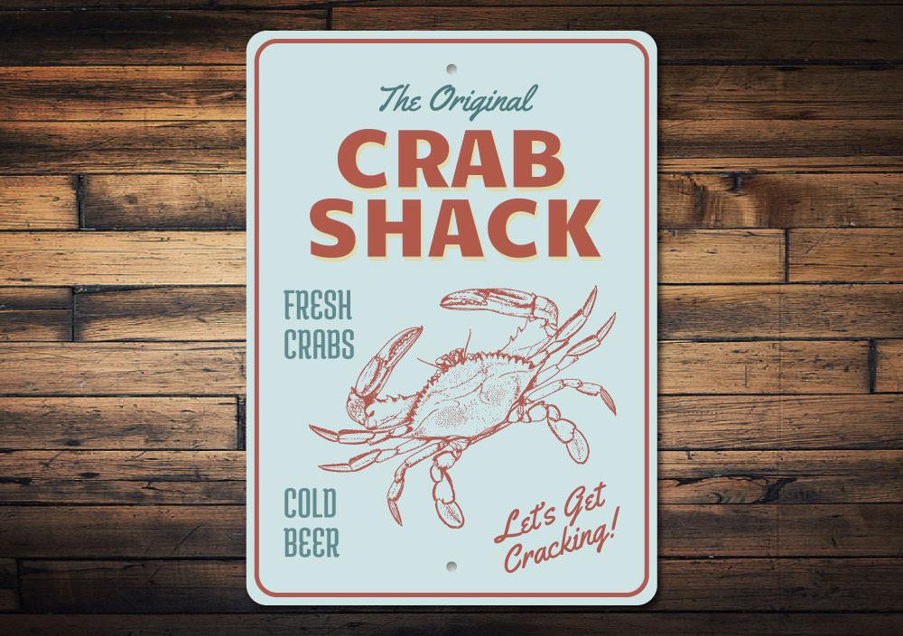 Original Crab Shack Sign made of high-quality aluminum, featuring a beach-themed design perfect for coastal decor.