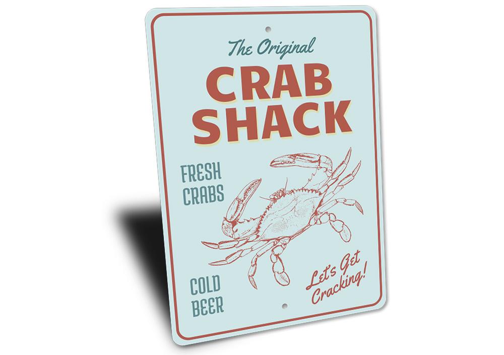 Original Crab Shack Sign made of high-quality aluminum, featuring a beach-themed design perfect for coastal decor.