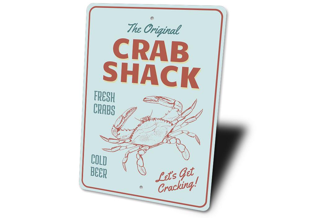 Original Crab Shack Sign made of high-quality aluminum, featuring a beach-themed design perfect for coastal decor.