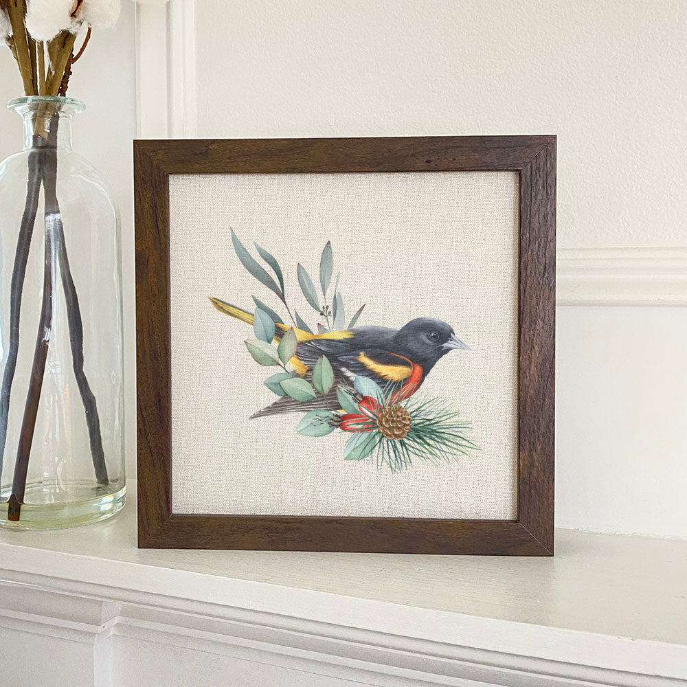 Oriole Framed Sign featuring a stylized wood frame with a linen-look background, perfect for fall decor.