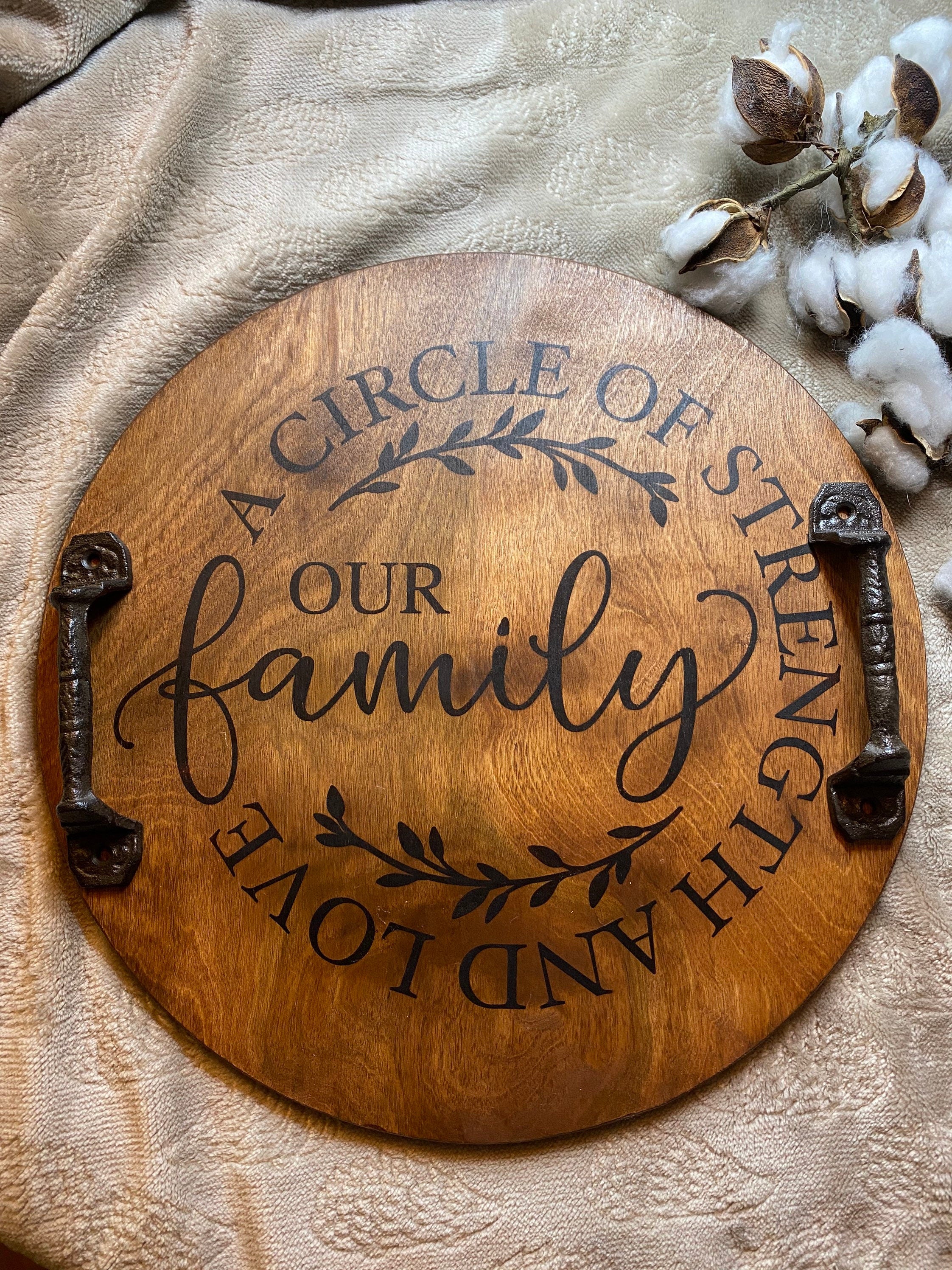 Handmade Family Wooden Serving Tray in light cherry and dark chestnut stains with black metal handles, showcasing unique wood grain patterns.