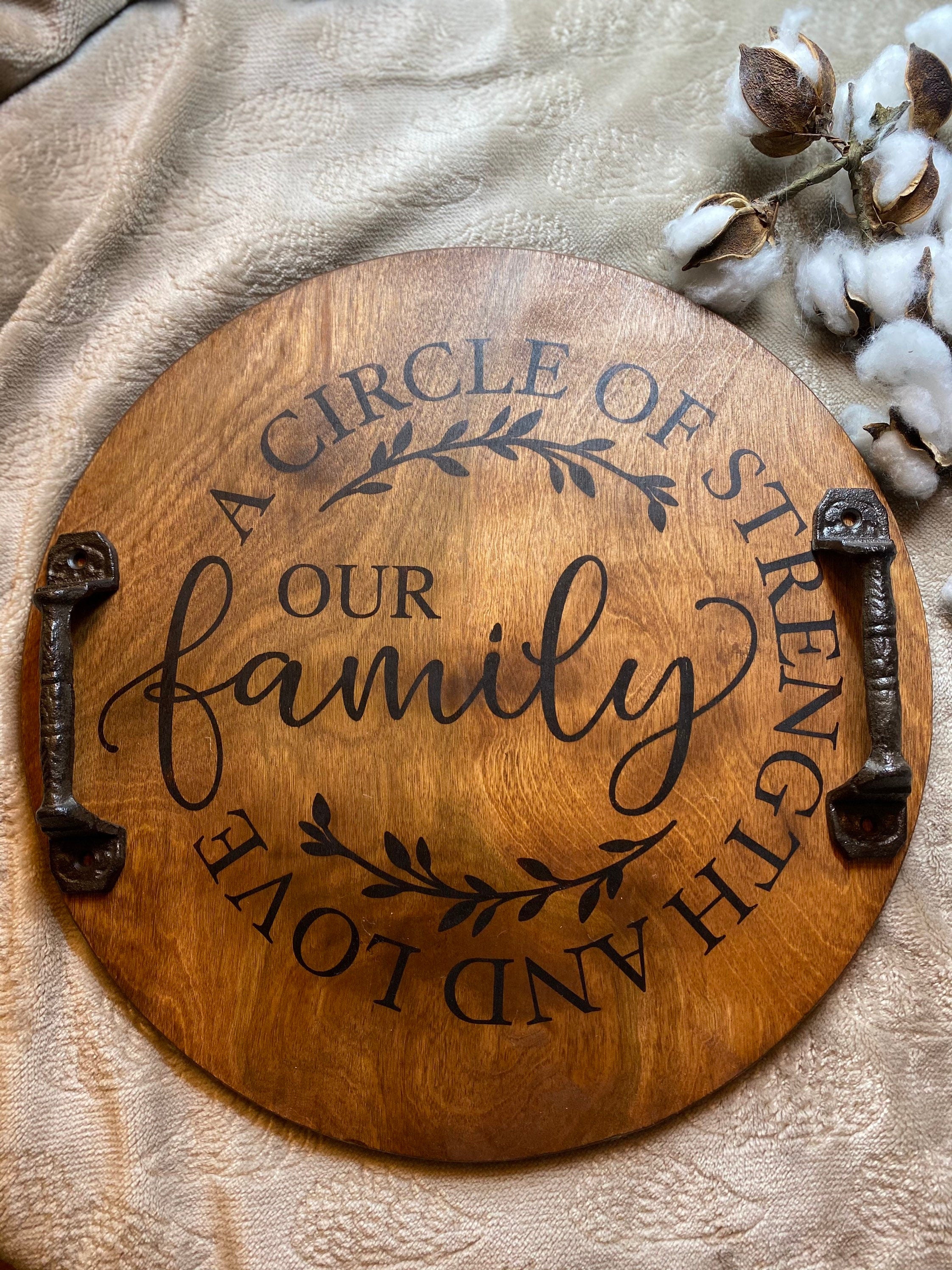 Handmade Family Wooden Serving Tray in light cherry and dark chestnut stains with black metal handles, showcasing unique wood grain patterns.