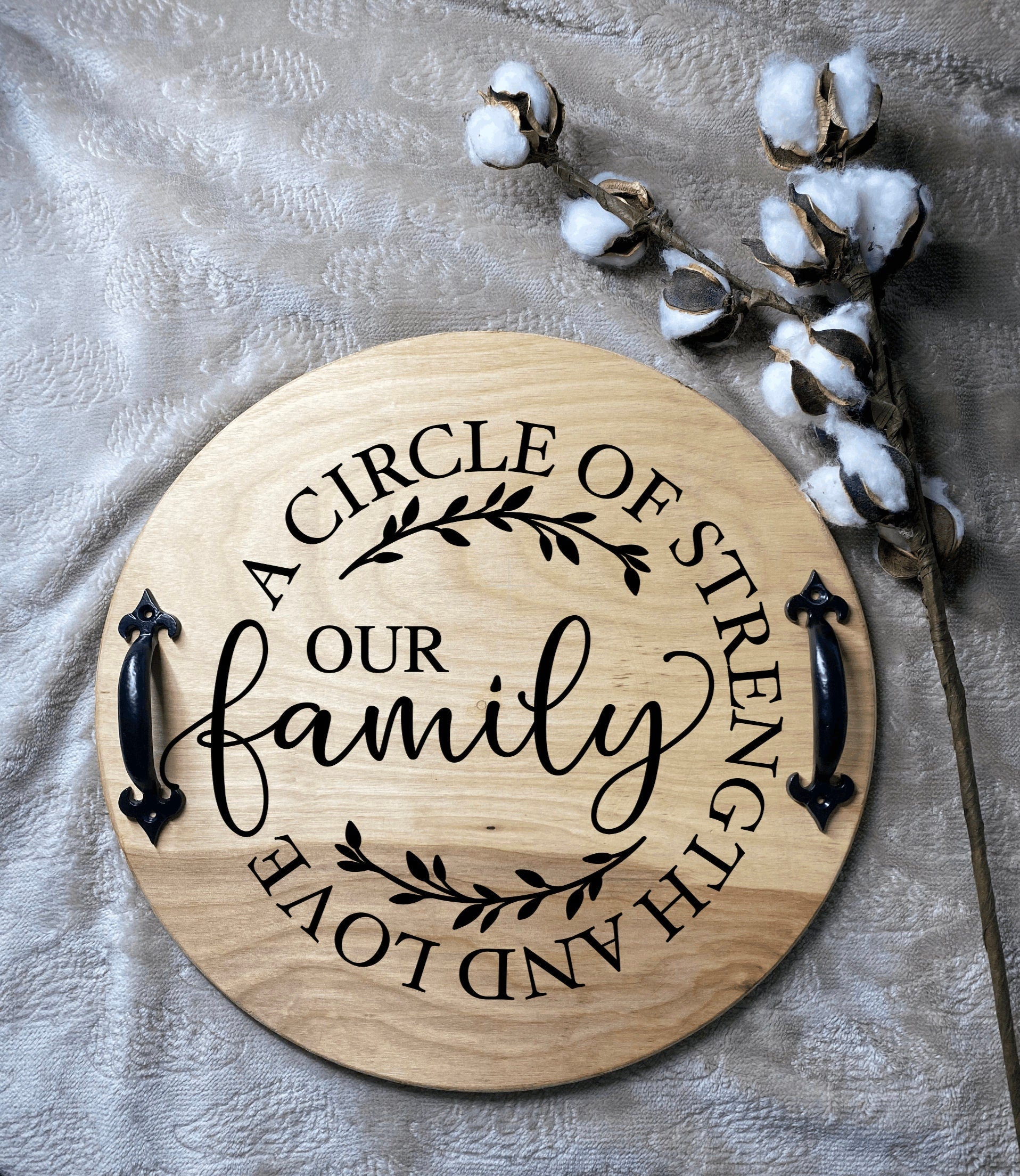 Handmade Family Wooden Serving Tray in light cherry and dark chestnut stains with black metal handles, showcasing unique wood grain patterns.