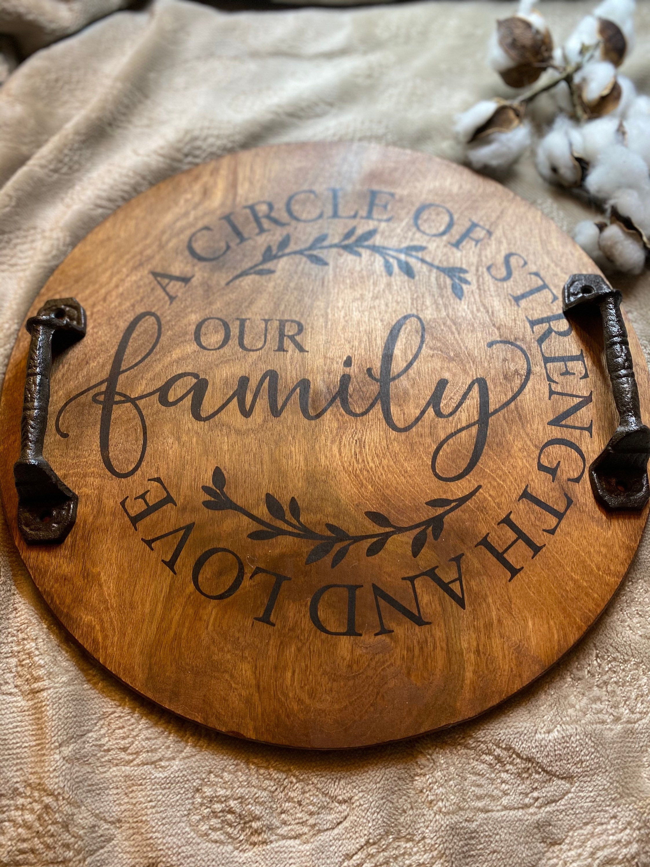 Handmade Family Wooden Serving Tray in light cherry and dark chestnut stains with black metal handles, showcasing unique wood grain patterns.