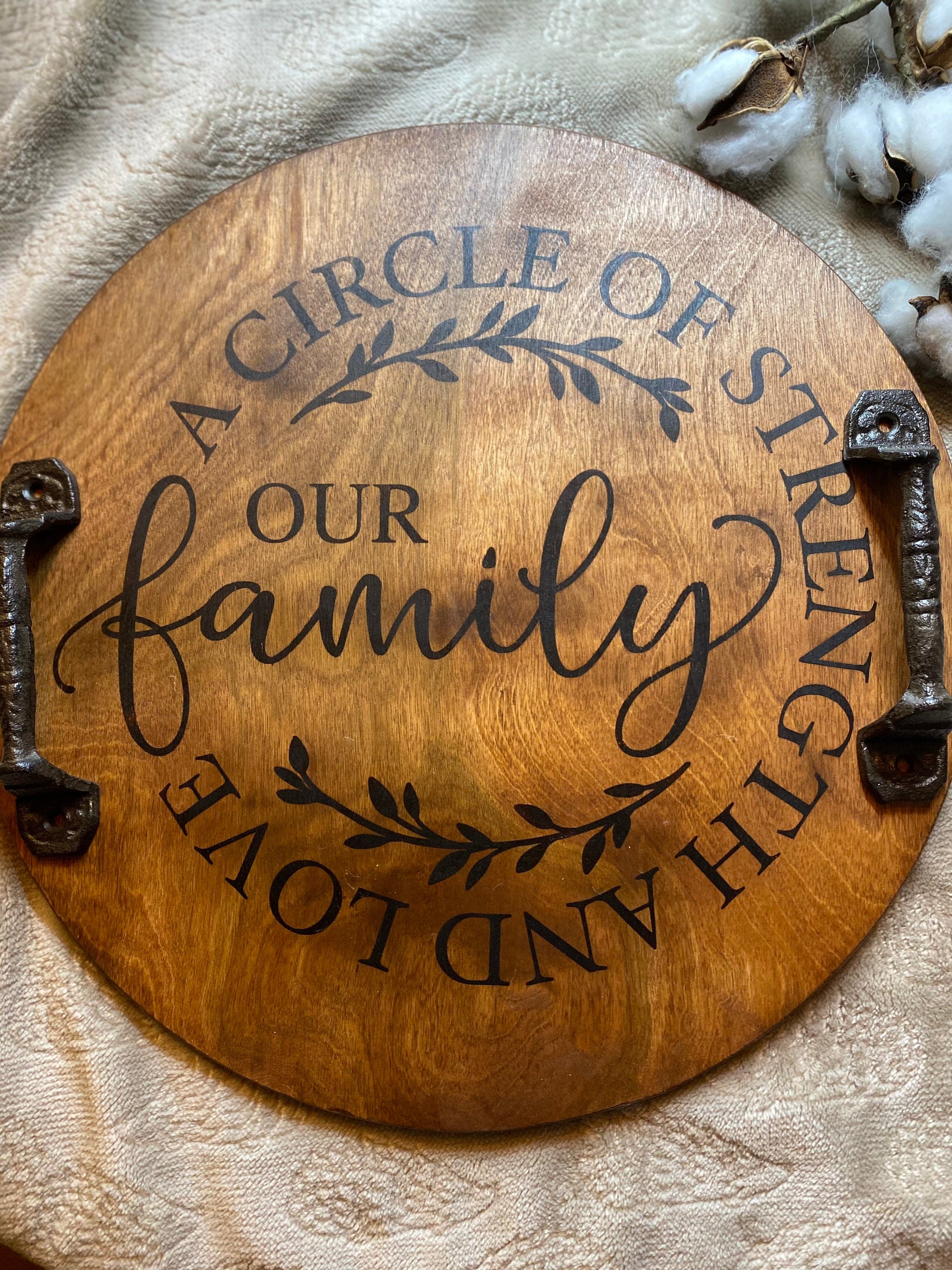 Handmade Family Wooden Serving Tray in light cherry and dark chestnut stains with black metal handles, showcasing unique wood grain patterns.