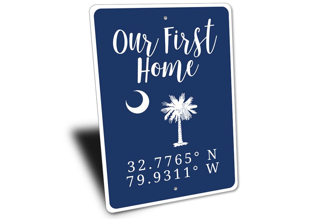 A beautifully crafted 'Our First Home' sign made of high-quality aluminum, featuring customizable text, perfect for home decor.